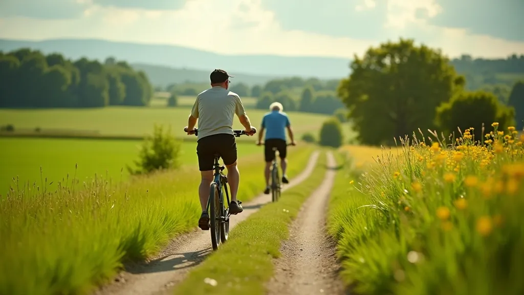 Seniori braucot uz velosipēdiem pa lauku ceļiem