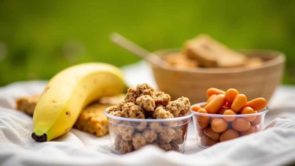 Dažādi veselīgi braucēja uztura snack produkti uz piknika segas