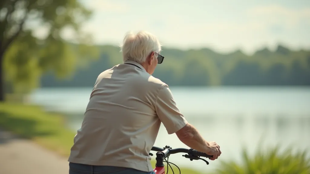 Seniora braucēja ausere un velosipēda stūre ar ezera skatiņu fona