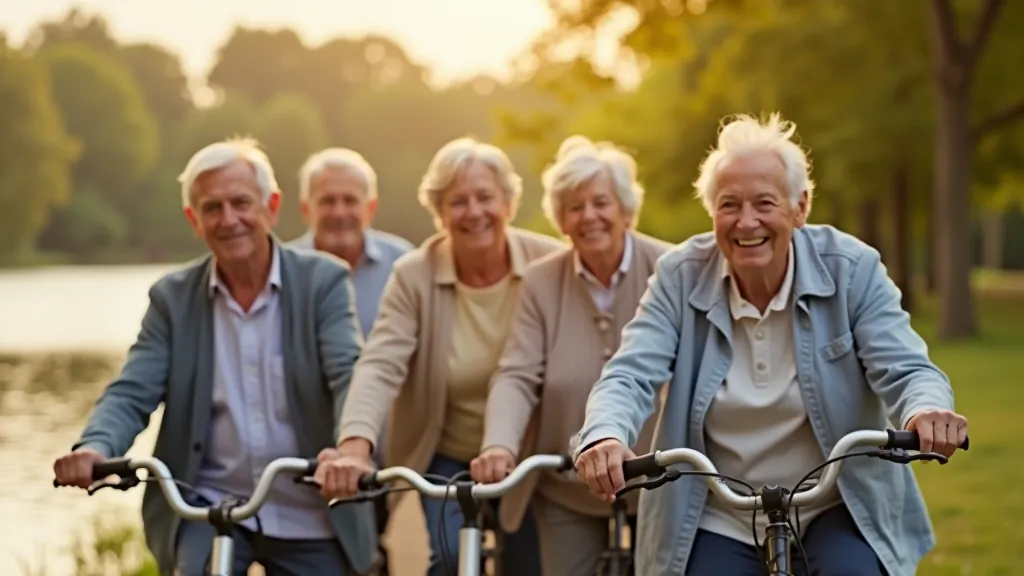 Grupa senioru velobraucēju smaidošu seju tuvplānā dēļ ezera