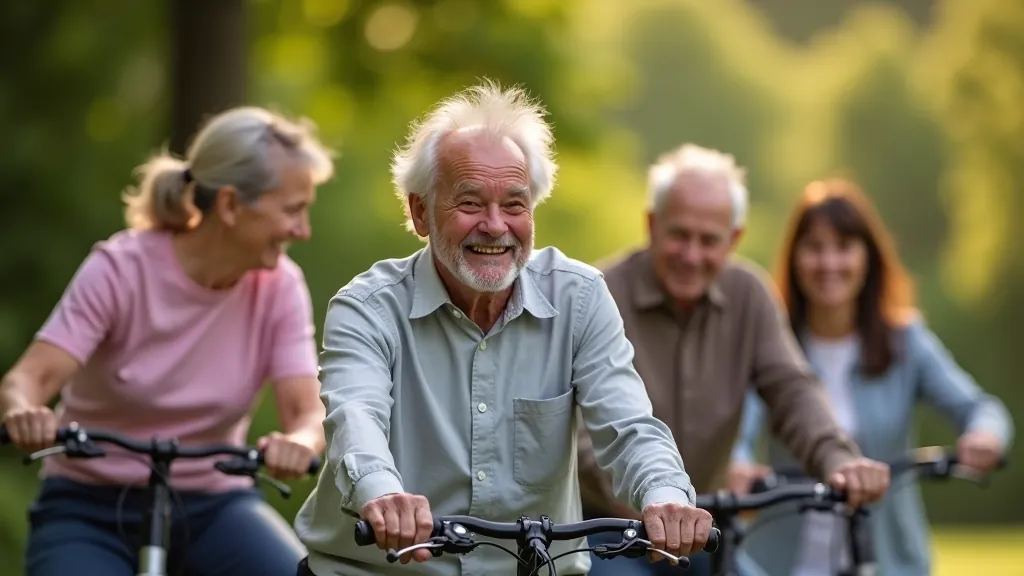 Seniori smejoties un sarunājoties pēc velobrauciena