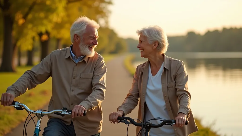 Seniori ar draugiem uz velosipēdiem atpūšas pie ezera